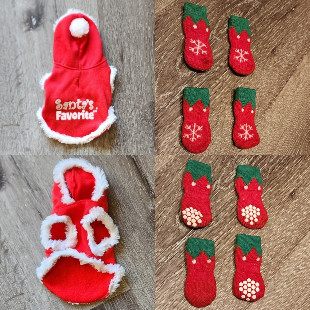 Christmas XXS Dog Hoodie & Socks. Fits up to 5lb. Worn once.